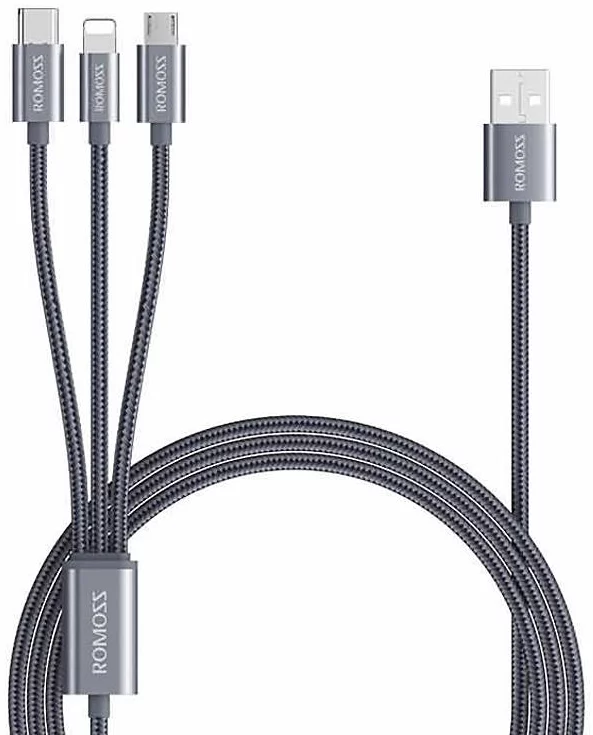 romoss CB25A cable with 3-in-1 Type-C, Lightning, and Micro-USB connectors romoss CB25A cable with 3-in-1 Type-C, Lightning, and Micro-USB connectors