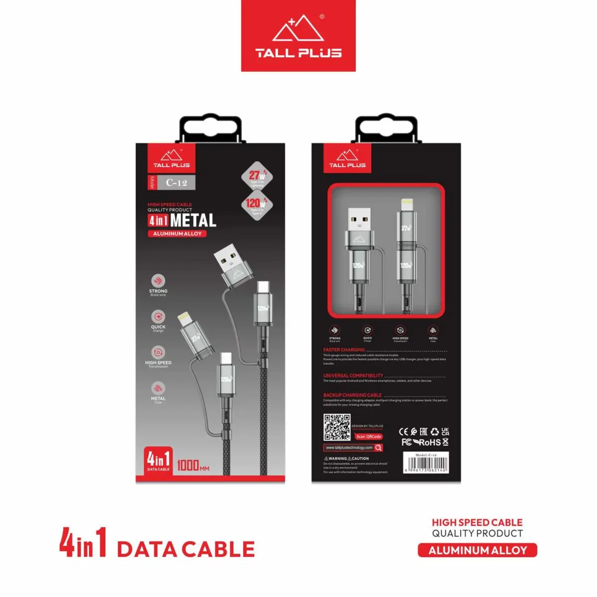 Tallplus C-12 120W 4-in-1 Aluminum Alloy Fast Charging Cable - Image 3