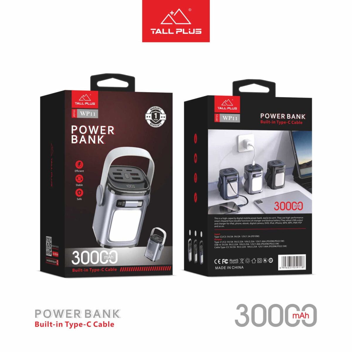 Tallplus WP11 30000mAh 22.5W Power Bank with Built-in Cable & LED Light